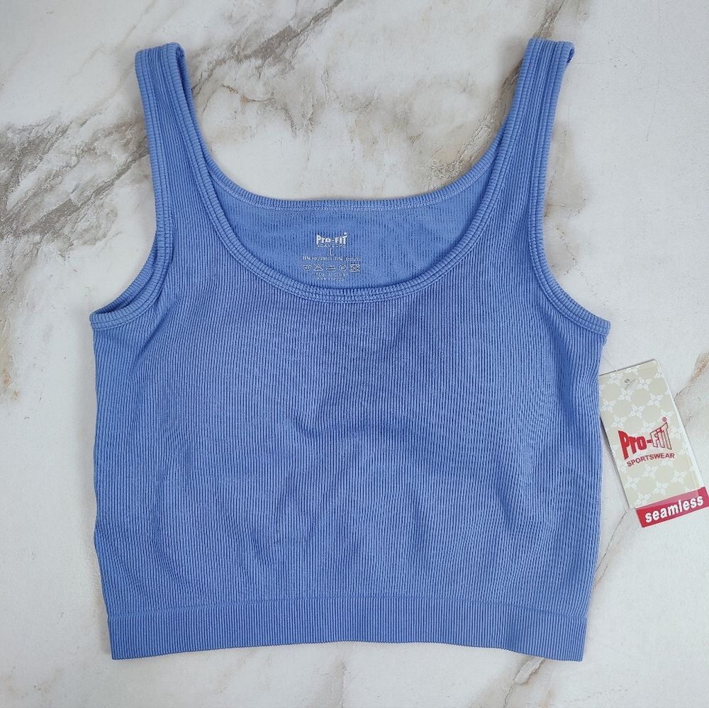 NWT Pro-Fit Blue Ribbed Knit Fashion Cropped Top Sports Bra, Sz L